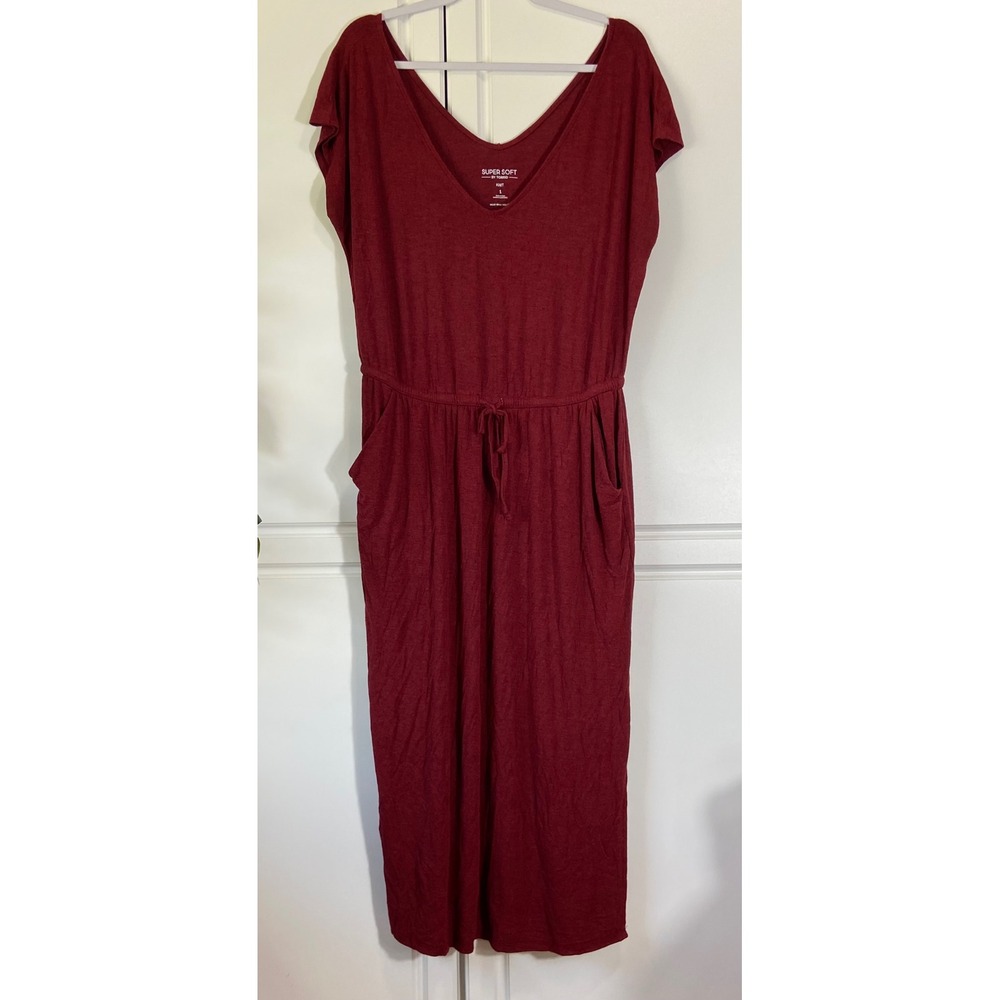 Torrid Super Soft Knit Maxi Dress Burgundy V-Neck Pocket Drawstring Plus Size 1